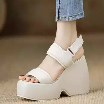 Летние туфли Krazing Pot из овчины с открытым носком на толстом высоком каблуке и платформе, повседневные женские сандалии с крючками и петлями 34 чёрный