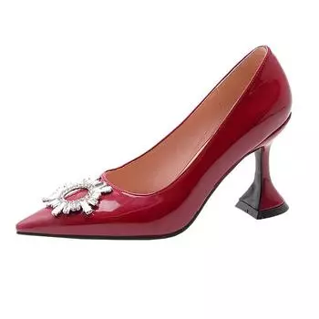 Летние туфли Krazing Pot на высоком каблуке из искусственной кожи с острым носком и пряжкой с кристаллами, большой размер 43, офисные женские туфли-лодочки на мелкой подошве 34 чёрный