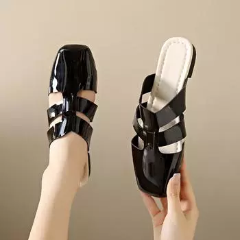 Летние туфли-лодочки больших размеров для женщин, новинка 2024 года, римские женские тапочки с закрытым носком, уличные женские тапочки на плоской подошве с квадратным носком, женская обувь 42 чёрный