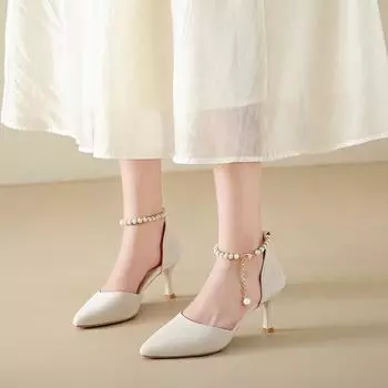 Летние туфли-лодочки, босоножки женские с жемчугом, Мэри Джейн, белые туфли на тонком каблуке, на высоком каблуке, универсальные, не утомляющие ноги. 34