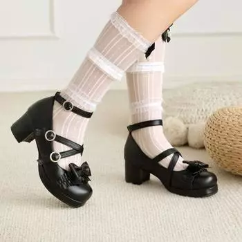 Летние туфли-лодочки Lolita на толстом каблуке больших размеров с бантом и перекрещенными ремешками для женщин 37 чёрный