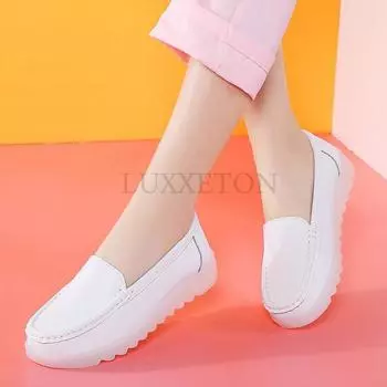 Летние туфли медсестры из натуральной кожи на плоской подошве белого цвета для больниц, женские повседневные белые туфли с мягкой подошвой из дышащего материала 34 белый