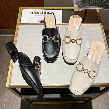 Летние туфли Muller на низком каблуке с квадратным носком для женщин, модные тапочки с металлическим дизайном и плоским каблуком для девочек 35 чёрный