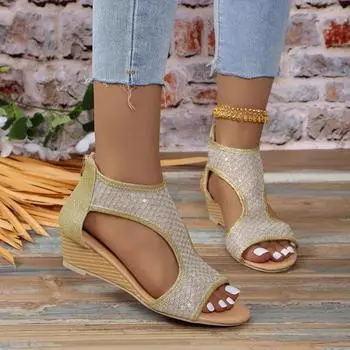 Летние туфли на каблуке для женщин 2024 года, новые женские босоножки на танкетке с молнией сзади, повседневные женские босоножки на высоком каблуке в стиле ретро для активного отдыха 36 чёрный