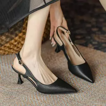 Летние туфли на среднем каблуке с острым носком, кожаные сандалии с носком, женская обувь, однотонные модные элегантные туфли для женщин 34 бежевый