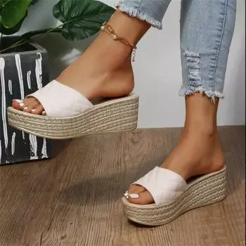 Летние туфли на танкетке с круглым носком, повседневные, однотонные, модные, сексуальные, женские сандалии, удобные, с вырезом «рыбий рот» 36