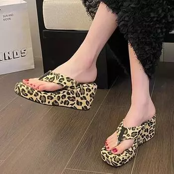 Летние туфли на танкетке с леопардовым принтом на высоком каблуке, шлепанцы, женские туфли-сандалии, модные туфли 2024 года, туфли-лодочки на платформе с открытой пяткой Femme Zapatos 35