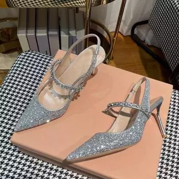 Летние туфли на высоком каблуке, летняя женская обувь, новые отличные женские сандалии на шпильке со стразами и блестками, супер блестящий носок 40 серебряный