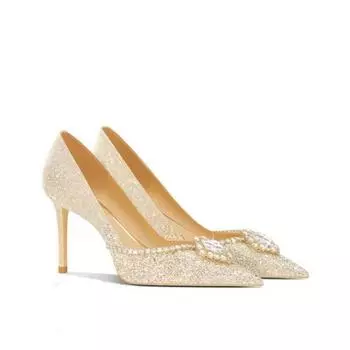 Летние туфли на высоком каблуке с градиентной цепочкой и бриллиантами, женские туфли на тонком каблуке, платиновое золото 34 золотой