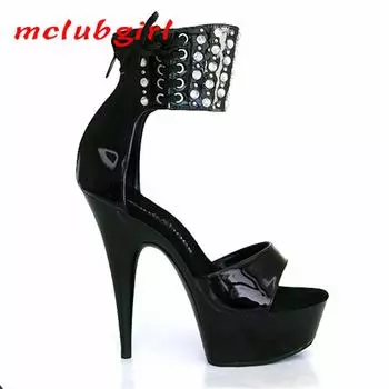 Летние туфли на высоком каблуке с застежкой-молнией сзади и кружевом «рыбий рот», красные, лакированные, каблук 15 см, платформа 5 см, YKC 33 чёрный