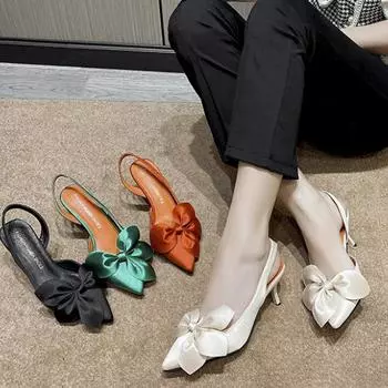 Летние туфли на высоком каблуке Женские летние туфли Атласные босоножки с бантом и цветком Baotou 36 чёрный