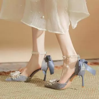 Летние туфли на высоком каблуке, женские туфли на тонком каблуке, с пряжкой из французского жемчуга. 34 чёрный