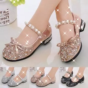 Летние туфли принцессы с блестящими блестками и жемчугом для девочек, мягкие элегантные детские праздничные туфли на каблуках, милые сандалии с бантиком для малышей и подростков 30 чёрный