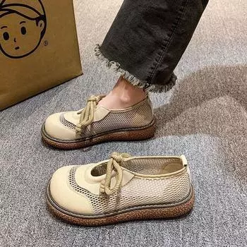 Летние туфли с ажурной сеткой, симпатичные японские туфли с большой головой, новые льняные сандалии 2024 года, женские туфли с дырками от ветра для колледжа 35