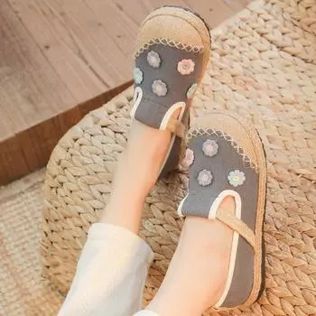 Летние туфли с вышивкой из хлопка и льна с небольшим горлом, ленивые туфли на одной педали в этническом стиле с круглым носком, повседневные туфли из термопластичной резины на среднем каблуке 35 серый