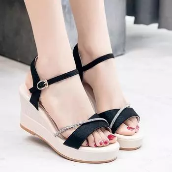 Летние удобные элегантные женские босоножки на танкетке с высоким каблуком и открытым носком, с круглой пряжкой, сандалии-гладиаторы с узким ремешком 35(Foot22.5cm)