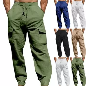 Летние удобные дышащие уличные мужские брюки Pull Rope с несколькими карманами, прямые повседневные уличные брюки из хлопка и конопли XL чёрный