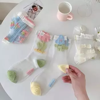 Летние ультратонкие дышащие цветочные кружевные носки женские и детские прозрачные шелковые носки Harajuku Sweet Girls Crystal Transparent Socks