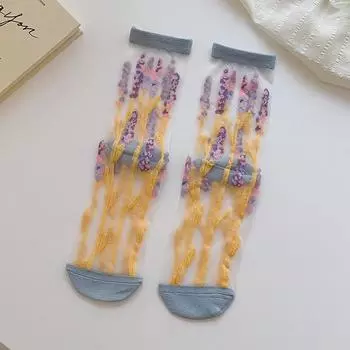 Летние ультратонкие дышащие ретро-носки из стекловолокна с крупным цветком, детские длинные носки с кристаллами в стиле литературного леса