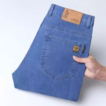 Летние ультратонкие джинсы Tencel мужские свободные прямые светло-голубые тонкие удобные длинные брюки 38 светло-синий