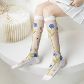 Летние ультратонкие нейлоновые длинные носки, прозрачные прозрачные гольфы с цветочным принтом, милые японские кавайные чулки One Size