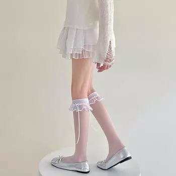 Летние ультратонкие прозрачные гольфы, женские чулки JK, милые нейлоновые длинные носки для девочек, носки с рюшами в стиле Лолиты и бантом