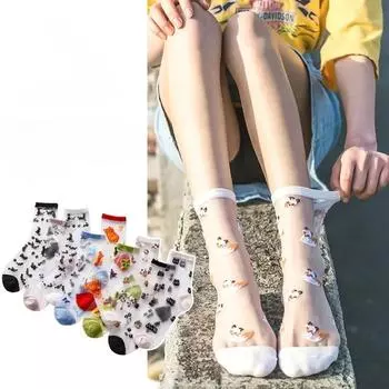 Летние ультратонкие прозрачные шелковые носки с изображением животных из мультфильмов, женские повседневные дышащие эластичные кружевные носки в японском стиле