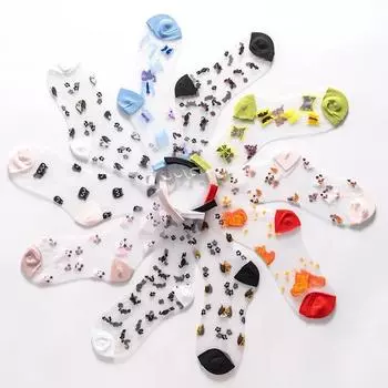 Летние ультратонкие прозрачные шелковые носки с изображением животных из мультфильмов, женские повседневные дышащие эластичные кружевные носки в японском стиле