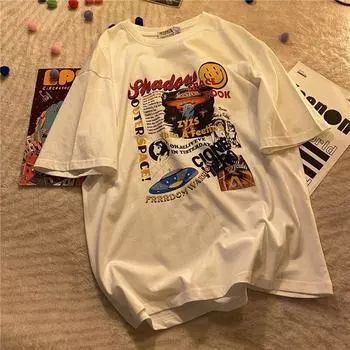 Летние уличные топы, футболка для девочек, топы Y2k, женская футболка большого размера, женская футболка с короткими рукавами и принтом инопланетянина в стиле Харадзюку S белый