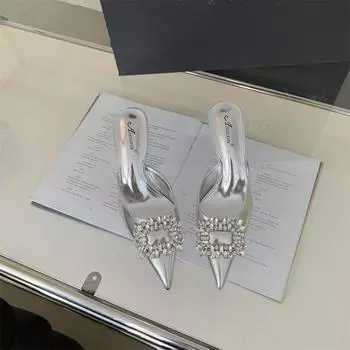 Летние уличные женские тапочки, тонкие, модные, с острым носком, со стразами, золотисто-серебряные, на высоком каблуке, для вечеринки и свадьбы 35