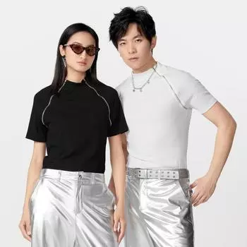 Летние унисекс женские мужские короткие рукава однотонные с боковой молнией обтягивающие футболки для пар S чёрный