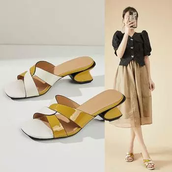 Летние универсальные женские тапочки-сандалии с квадратной головкой и контрастным узором «рыбий рот» на среднем каблуке 39EU/CN40 чёрный