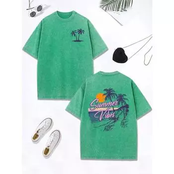 Летние вайбы Пляжный закат Принты с кокосовой пальмой Выстиранная футболка Женские хлопковые топы Ретро футболка с круглым вырезом Уличная одежда S