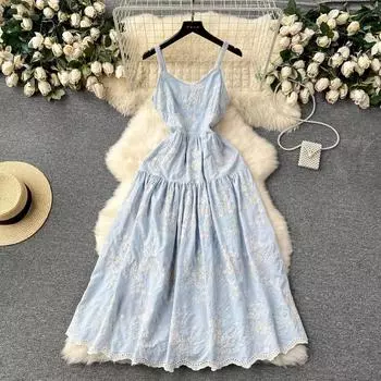 Летние вечерние платья с открытой спиной и цветочной вышивкой для женщин, сексуальный праздничный пляжный халат на бретельках с v-образным вырезом S небесно-голубой