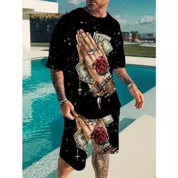 Летние вибрации Мужская модная футболка с круглым вырезом и принтом и шорты, комплект из ярких изысканных принтов, дышащая повседневная летняя одежда S