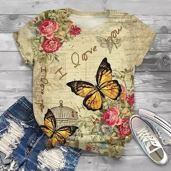 Летние винтажные бабочки 3D принт футболки женская уличная одежда повседневная мода Y2k футболка с коротким рукавом футболки с круглым вырезом топы одежда S