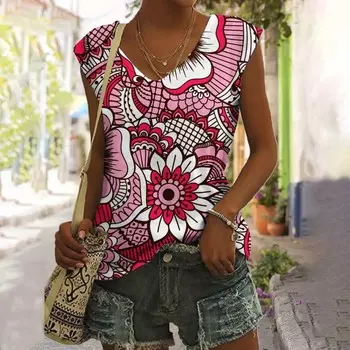 Летние винтажные цветочные 3D-принты для женщин, уличные майки, свободный жилет с V-образным вырезом, без рукавов, с открытыми плечами, женская майка S
