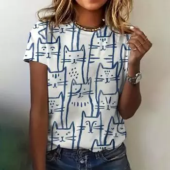 Летние винтажные футболки с принтом Cat 3D, женская уличная одежда, повседневная мода 2000 года, футболки с коротким рукавом, футболки с круглым вырезом, топы, одежда S