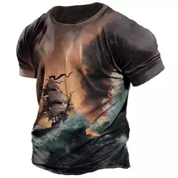 Летние винтажные футболки с рисунком лодки для мужчин, крутые свободные повседневные топы из полиэстера с короткими рукавами, футболка большого размера, одежда 3XL