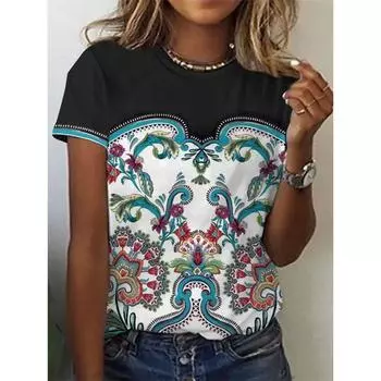Летние винтажные футболки в этническом стиле с геометрическим 3D-принтом для женщин, повседневная одежда с коротким рукавом, футболки с круглым вырезом, топы, одежда S