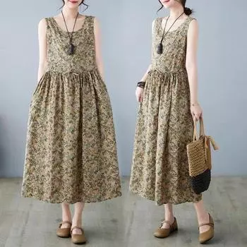 Летние винтажные платья с принтом для женщин, модное свободное праздничное пляжное тонкое платье без рукавов, элегантное платье Vestidos Femme S