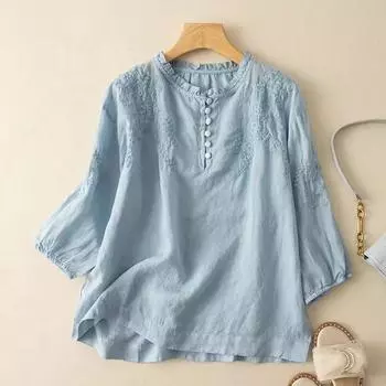 Летние винтажные рубашки для мам, элегантная рабочая блузка, женская футболка с круглым вырезом 3/4 и вышивкой, повседневная хлопковая футболка XXL белый