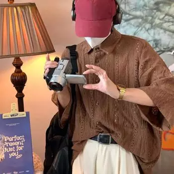 Летние винтажные рубашки для мужчин, однотонные, в японском стиле, шикарные, в стиле Харадзюку, универсальные, с коротким рукавом, для подростков, унисекс, ажурный дизайн, новые M бежевый