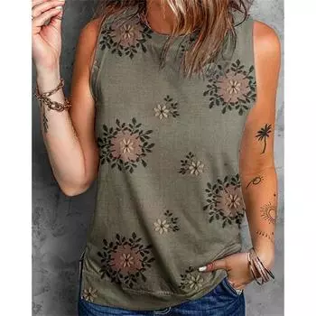 Летние винтажные топы с цветочным принтом 3D, женская мода, уличная одежда, свободный жилет с круглым вырезом, без рукавов, женская майка S