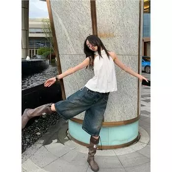 Летние винтажные женские джинсы в повседневном стиле, винтажные эстетические свободные потертые шорты Y2K, мешковатые широкие джинсовые шорты в стиле панк