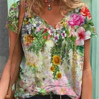 Летние винтажные женские футболки с цветочным принтом, футболка с 3d цветочным принтом и растениями, женская модная футболка с v-образным вырезом, футболка большого размера, женская одежда L