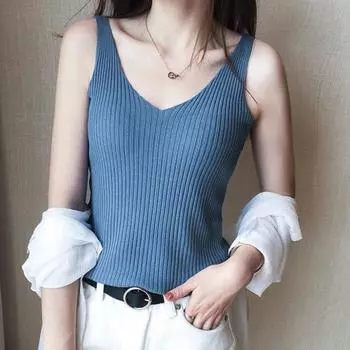 Летние вязаные подтяжки из ледяного шелка, большие размеры, женский жилет, однотонный универсальный топ без рукавов, майка с v-образным вырезом S жёлтый