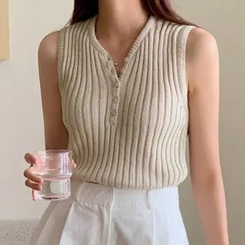 Летние вязаные топы без рукавов, женские элегантные повседневные жилеты на пуговицах, дизайн топа, однотонная повседневная рубашка для женской одежды 27291 One Size чёрный
