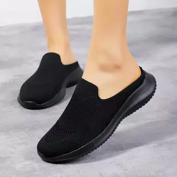 Летние вязаные женские тапочки из дышащей сетки, домашние тапочки без шнуровки, нескользящие удобные домашние и уличные тапочки, прогулочная обувь EU:36 чёрный