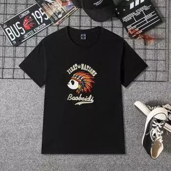 Летние вышитые свободные повседневные футболки из чистого хлопка с круглым вырезом и короткими рукавами для мужчин S